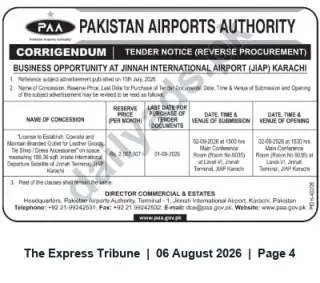 Newspaper clipping: Corrigendum: Tender (Reverse Procurement) – Branded Outlet License at Jinnah International Airport, Karachi, The Express Tribune, 06 Aug 2026