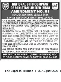 Newspaper clipping: NGC Amendment: Tender NOR-138W2-2026 — Submission Extended to 2026-08-12, The Express Tribune, 06 Aug 2026