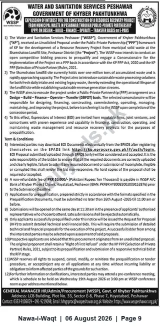 Newspaper clipping: Expression of Interest — Resource Recovery Project (PPP) by Water & Sanitation Services Peshawar, Nawa-i-Waqt, 06 Aug 2026