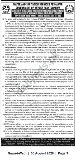 Newspaper clipping: WSSP Peshawar EOI: Resource Recovery (MSW) Project at Shamshatoo Landfill – DBFOT PPP, Nawa-i-Waqt, 06 Aug 2026