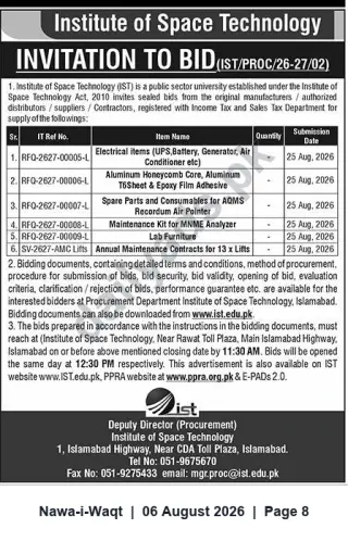 Newspaper clipping: Institute of Space Technology Invitation to Bid — Supply, Maintenance & Services (Deadline 2026-08-25), Nawa-i-Waqt, 06 Aug 2026