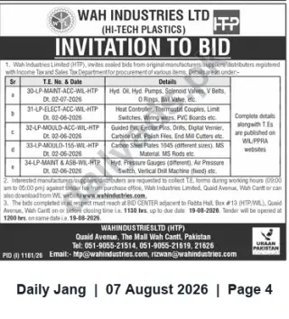 Newspaper clipping: Wah Industries Ltd (Hi-Tech Plastics) Invitation to Bid — Maintenance, Electrical & Mould Supplies, Jang, 07 Aug 2026