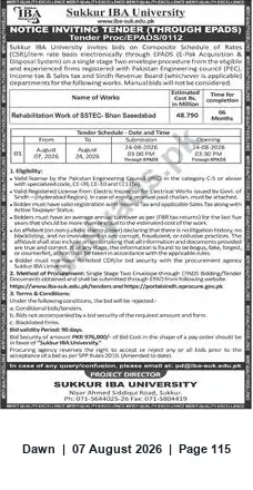 Newspaper clipping: Sukkur IBA University Tender (Proc/EPADS/0112) – Rehabilitation Work of SSTEG, Bhan Saeedabad, Dawn, 07 Aug 2026