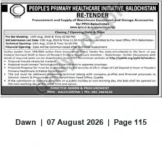Newspaper clipping: PPHI Balochistan Re-Tender Notice, Dawn, 07 Aug 2026