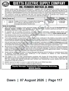 Newspaper clipping: Quetta Electric Supply Company Re-Tender Notice (E-Bid), Dawn, 07 Aug 2026