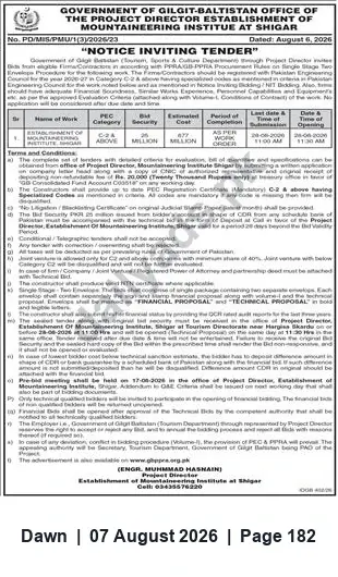 Newspaper clipping: Tender: Establishment of Mountaineering Institute, Shigar (Govt. of Gilgit-Baltistan), Dawn, 07 Aug 2026
