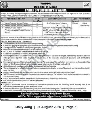Newspaper clipping: WAPDA (Golen Gol) Careers — Trained Graduate Teachers (Chitral) | Apply by 2026-08-17, Jang, 07 Aug 2026