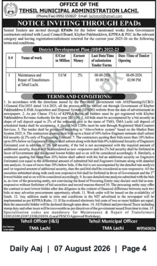 Newspaper clipping: TMA Lachi Tender: Maintenance & Repair of Transformers at Tehsil Lachi (DDP 2022-23), Daily Aaj, 07 Aug 2026