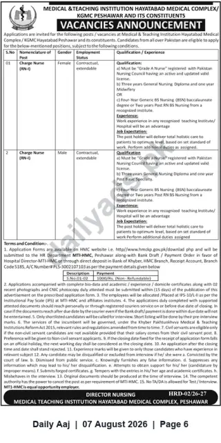 Newspaper clipping: Vacancies: Charge Nurse (RN-I) Male & Female — Hayatabad Medical Complex, Peshawar, Daily Aaj, 07 Aug 2026
