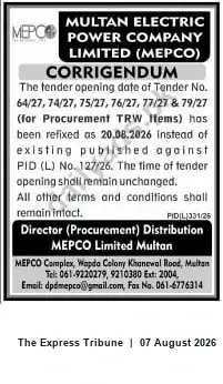 Newspaper clipping: MEPCO Corrigendum: Tender Opening Rescheduled to 20 Aug 2026 for TRW Items (Tenders 64/27, 74/27, 75/27, 76/27, 77/27 & 79/27), The Express Tribune, 07 Aug 2026