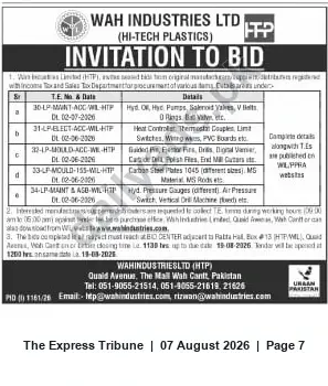 Newspaper clipping: Wah Industries Ltd (Hi-Tech Plastics) Invitation to Bid — Supply of Maintenance, Electrical, Mould & Maintenance Items (TE Nos. 30–34), The Express Tribune, 07 Aug 2026