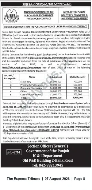 Newspaper clipping: Punjab IC&I Department Tender: Purchase of Goods Under Framework Contract (Package-wise), The Express Tribune, 07 Aug 2026