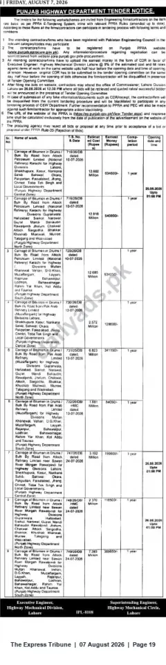 Newspaper clipping: Punjab Highway Department Tenders — Carriage/Supply Packages (Aug 2026), The Express Tribune, 07 Aug 2026