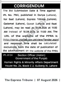 Newspaper clipping: Corrigendum — Bid Submission Date Revised for IPL No. 7961 (Human Rights & Minority Affairs Dept., Punjab), The Express Tribune, 07 Aug 2026