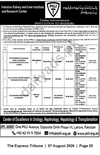 Newspaper clipping: PKLI & Research Center Lahore — Invitation to Bidders for Medical Gases, Internet SLA and IT Equipment, The Express Tribune, 07 Aug 2026