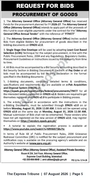 Newspaper clipping: Attorney General Office (Islamabad) — Request for Bids (Procurement of Goods) — Tender P79477, The Express Tribune, 07 Aug 2026