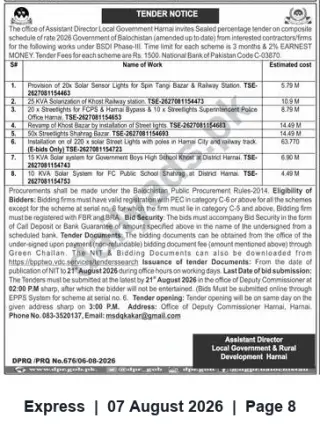 Newspaper clipping: Balochistan BSDI Phase-III Tenders — Solar & Streetlight Works (Closing 2026-08-21), Express, 07 Aug 2026