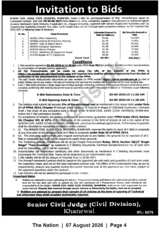 Newspaper clipping: Invitation to Bid — Framework Contract for Stationery, Uniforms & IT Repair | Senior Civil Judge (Civil Division), Khanewal, The Nation, 07 Aug 2026