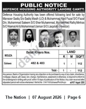 Newspaper clipping: Public Notice: Land Offered for Sale — Defence Housing Authority Lahore Cantt, The Nation, 07 Aug 2026
