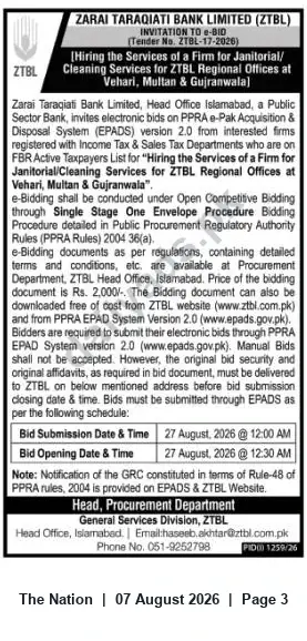 Newspaper clipping: ZTBL e-Bid: Janitorial/Cleaning Services for Regional Offices in Vehari, Multan & Gujranwala, The Nation, 07 Aug 2026