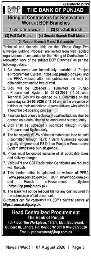 Newspaper clipping: The Bank of Punjab Tender — Hiring Contractors for Renovation of 5 BOP Branches, Nawa-i-Waqt, 07 Aug 2026