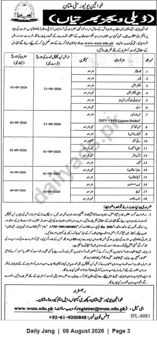 Newspaper clipping: Women University Multan — Daily-Wage / Temporary Support Staff Vacancies (Apply by 2026-08-31), Jang, 08 Aug 2026