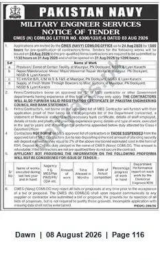 Newspaper clipping: Pakistan Navy MES Tender: Supply of Fresh Water to IN Dockyard, Karachi — Bid by 2026-08-31, Dawn, 08 Aug 2026