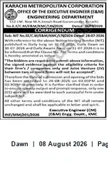 Newspaper clipping: KMC Corrigendum to Tender INF/MM.001/2026 — Eligibility Evidence and Bid Dates, Dawn, 08 Aug 2026