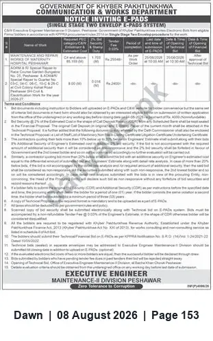 Newspaper clipping: C&W Department Tender: Maintenance & Repair Works of Maternity, Peshawar, Dawn, 08 Aug 2026