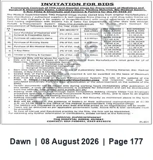 Newspaper clipping: Invitation for Bids — Medical Superintendent, Hospital Dinga, Dawn, 08 Aug 2026