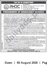 Newspaper clipping: PMDC Procurement of Consultancy Services, Dawn, 08 Aug 2026