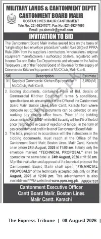 Newspaper clipping: Tender: Supply of Commercial Kitchen Equipment for MLC Club, Cantonment Board Malir, The Express Tribune, 08 Aug 2026