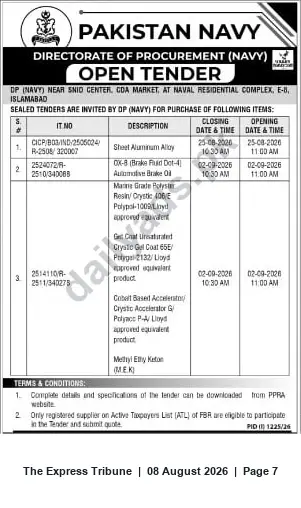 Newspaper clipping: Pakistan Navy (Directorate of Procurement) Open Tenders for Materials — Closing 2026-09-02, The Express Tribune, 08 Aug 2026