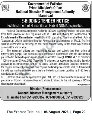 Newspaper clipping: NDMA E-Bidding Tender: Establishment of Humanitarian Hub at NDMA, Islamabad (25 Aug 2026), The Express Tribune, 08 Aug 2026