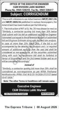 Newspaper clipping: Corrigendum: Amendment to NIT Bid Security Terms — C&W Division Lakki Marwat, The Express Tribune, 08 Aug 2026