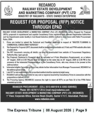 Newspaper clipping: REDAMCO RFP — Master Planning & Commercial Consultancy Services (E-Pads), The Express Tribune, 08 Aug 2026
