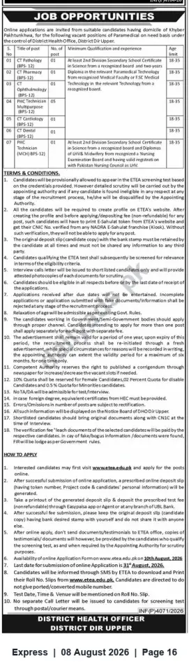 Newspaper clipping: District Health Office Upper Dir – Paramedical & PHC Vacancies (BPS-12) | Apply via ETEA by 2026-08-31, Express, 08 Aug 2026