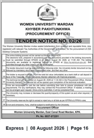 Newspaper clipping: Tender: Supply of 25 Desktop Computer Systems — Women University Mardan (Tender No. 02/26), Express, 08 Aug 2026