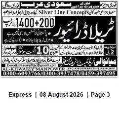 Newspaper clipping: AL-Khwaizy Manpower — Immediate Saudi Visa & Recruitment (1400+200), Express, 08 Aug 2026