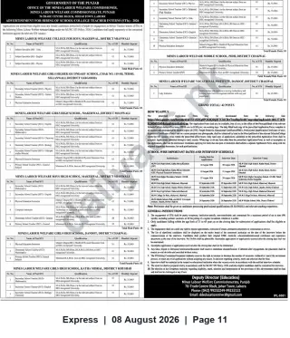 Newspaper clipping: Punjab Mines Labour Welfare Commissionerate — Hiring of School & College Teacher Interns (STIs) 2026, Express, 08 Aug 2026