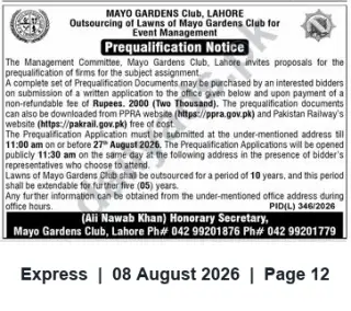 Newspaper clipping: Mayo Gardens Club Lahore — Prequalification for Outsourcing Lawns (Event Management), Express, 08 Aug 2026