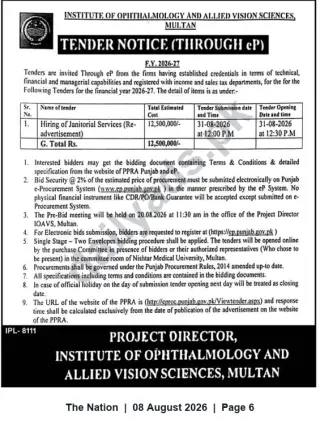 Newspaper clipping: Tender for Hiring of Janitorial Services (Re-advertisement) — Institute of Ophthalmology & Allied Vision Sciences, Multan, The Nation, 08 Aug 2026