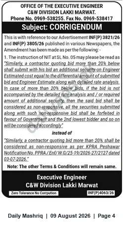 Newspaper clipping: Corrigendum: C&W Division Lakki Marwat amends NIT clause for bids exceeding 20% below estimate, Daily Mashriq, 09 Aug 2026