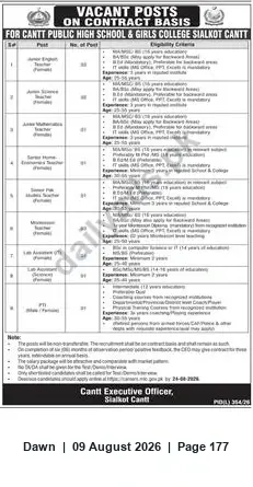 Newspaper clipping: Contract Vacancies — Cantt Public High School & Girls College, Sialkot Cantt, Dawn, 09 Aug 2026
