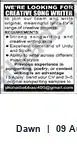 Newspaper clipping: Creative Songwriter Wanted, Dawn, 09 Aug 2026