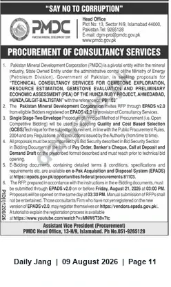 Newspaper clipping: RFP: Technical Consultancy for Hunza Ruby Project (PEA) — PMDC (Ref PB1103), Jang, 09 Aug 2026