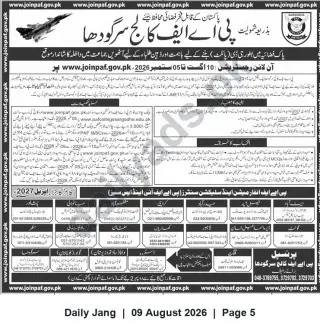 Newspaper clipping: Admissions Open — PAF Cadet College Sargodha (Entry 2027) — Register 10 Aug to 05 Sep 2026, Jang, 09 Aug 2026
