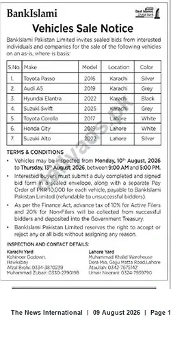 Newspaper clipping: BankIslami Pakistan Limited — Sealed-Bid Sale of Vehicles (Karachi & Lahore), The News International, 09 Aug 2026