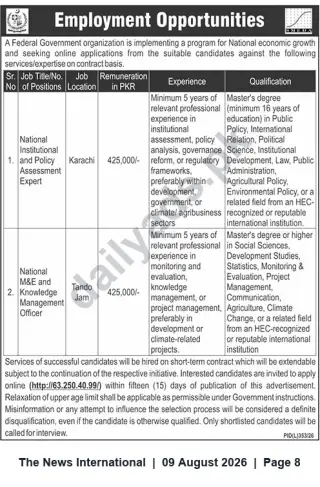 Newspaper clipping: Federal Government Contract Vacancies: Policy Assessment Expert & M&E/Knowledge Management Officer (Karachi & Tando Jam), The News International, 09 Aug 2026