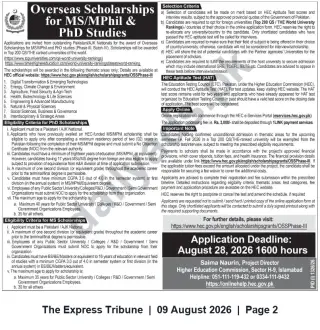 Newspaper clipping: HEC Overseas Scholarships 2026 — MS/MPhil & PhD (Top-200 Universities), The Express Tribune, 09 Aug 2026